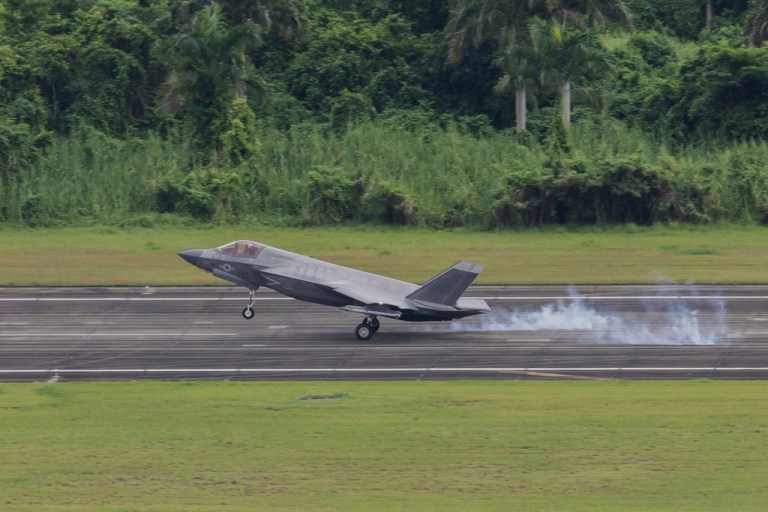 A U.S. F-35 fighter jet lands at José Aponte de la Torre Airport in Ceiba, Puerto Rico