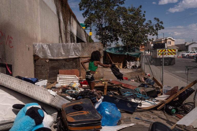 Sheena Long uses a T-shirt to shoo away flies as workers clear a homeless encampment along the 110 Freeway in Los Angeles.