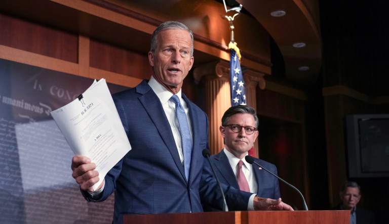 Senate Majority Leader John Thune, R-S.D., left, and Speaker of the House Mike Johnson, R-La., speak at a news conference as the government shutdown begins its tenth day, in Washington, Friday, Oct. 10, 2025. (AP Photo/J. Scott Applewhite)