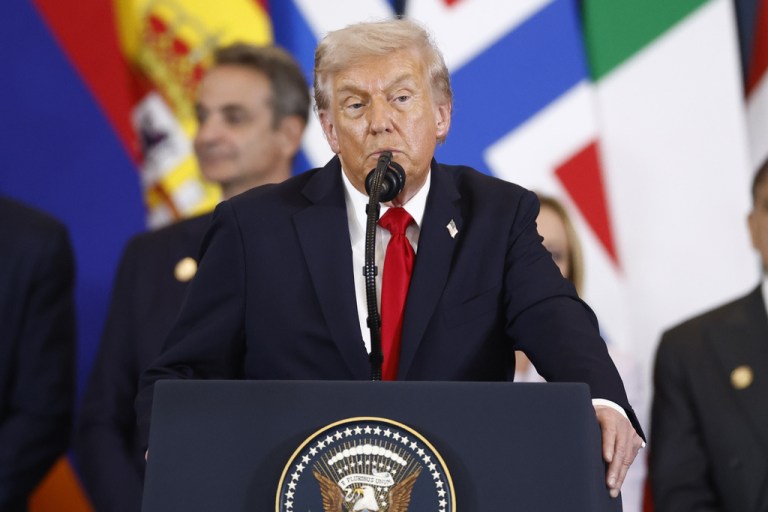 President Donald Trump delivers a speech at the Gaza International Peace Summit, in Sharm el-Sheikh, Egypt, Monday, Oct.13 2025. (Yoan Valat, Pool photo via AP)