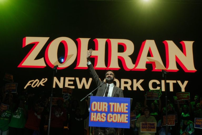 New York City mayoral candidate Zohran Mamdani speaks during an election event.