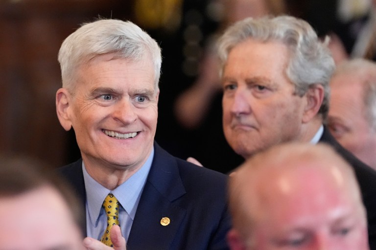 Sens. Bill Cassidy (R-LA) and John Kennedy (R-LA) arrive at an event before President Donald Trump speaks.