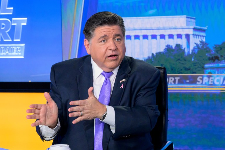 Illinois Gov. JB Pritzker speaks during a taping of Fox News Channel's Special Report with Bret Baier at the Washington bureau of FOX News, Thursday, Oct. 23, 2025, in Washington. (AP Photo/Rod Lamkey, Jr.)