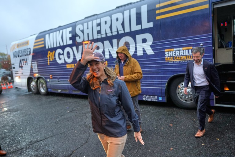 New Jersey gubernatorial candidate Mikie Sherrill arrives to a campaign stop at a train station in Westfield, N.J., Thursday, Oct. 30, 2025. (AP Photo/Seth Wenig)