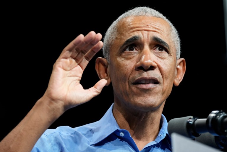Former President Barack Obama, gestures during a rally for Virginia Democratic gubernatorial candidate Abigail Spanberger Saturday, Nov. 1, 2025, in Norfolk, Va.