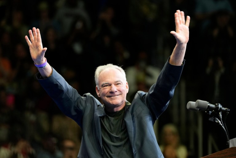 Virginia Sen. Tim Kaine, D-Va., waves to the crowd during a rally for Virginia Democratic gubernatorial candidate Abigail Spanberger Saturday, Nov. 1, 2025, in Norfolk, Va.