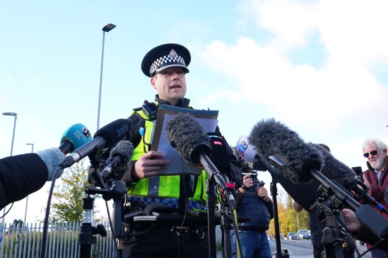 Police Superintendent John Loveless addresses the media after a mass stabbing on a London-bound train in Huntingdon, England, Sunday, Nov. 2, 2025.