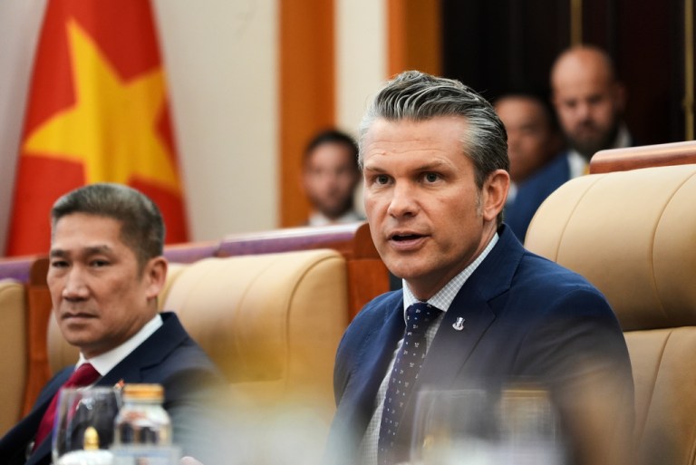 U.S. Defense Secretary Pete Hegseth speaks during a meeting with Vietnamese Defense Minister Phan Van Giang in Hanoi, Vietnam, Sunday, Nov. 2, 2025. (AP Photo/Hau Dinh)