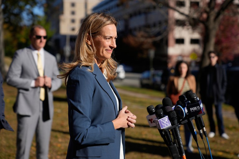 New Jersey gubernatorial candidate Mikie Sherrill talks to reporters after voting in Montclair, N.J., Tuesday, Nov. 4, 2025.