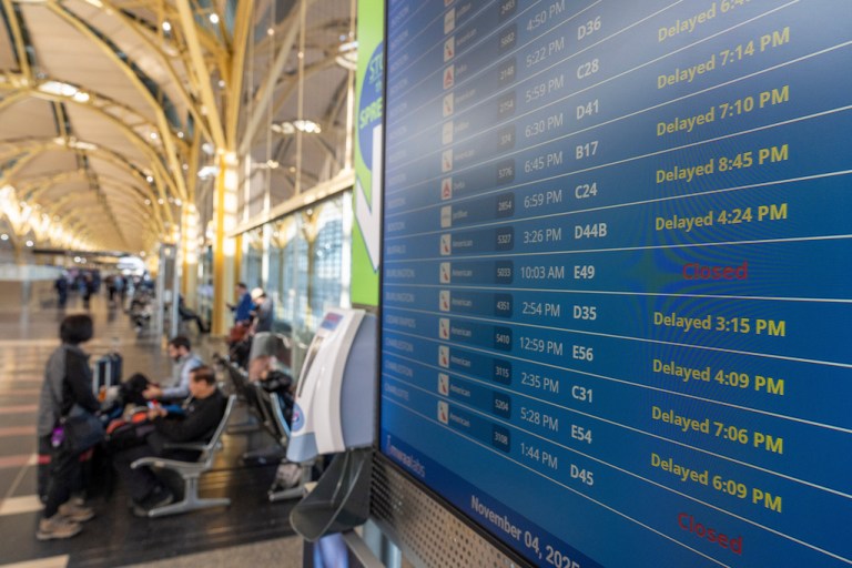 The departures display board shows multiple flights delayed at Ronald Reagan Washington National Airport, Tuesday, Nov. 4, 2025, in Arlington, Va. (AP Photo/Alex Brandon)