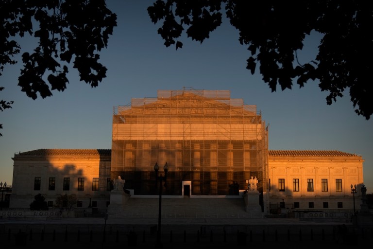 The Supreme Court building at sunset.