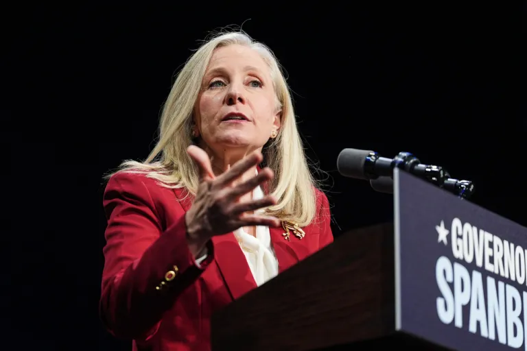 Democrat Abigail Spanberger speaks onstage after she was declared the winner of the Virginia governor's race during an election night watch party.