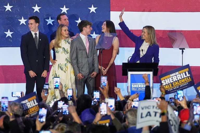 New Jersey Democratic gubernatorial candidate Mikie Sherrill speaks during an election night party in East Brunswick, N.J., Tuesday, Nov. 4, 2025. (AP Photo/Matt Rourke)