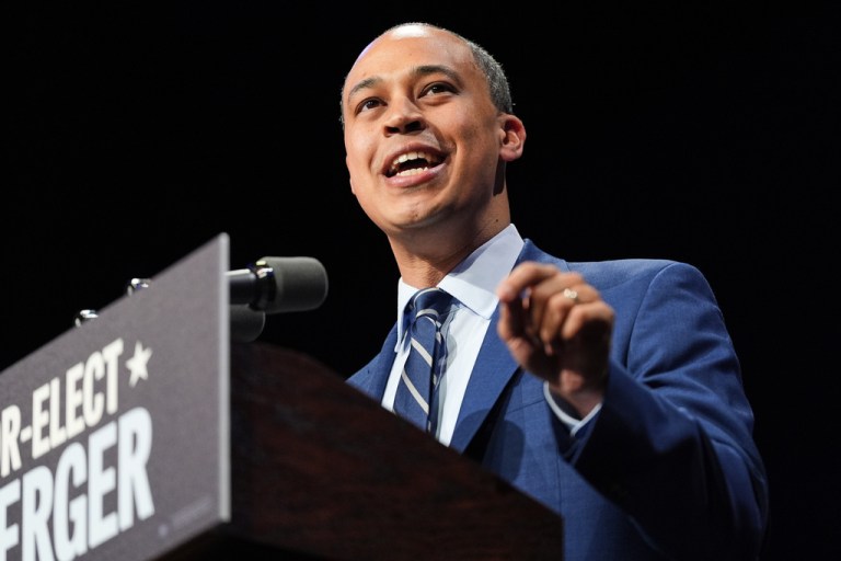 Democrat Jay Jones speaks on stage at an election night watch party for Democrat Abigail Spanberger after Jones was declared the winner of the Virginia attorney general's race Tuesday, Nov. 4, 2025, in Richmond, Va. (AP Photo/Stephanie Scarbrough)