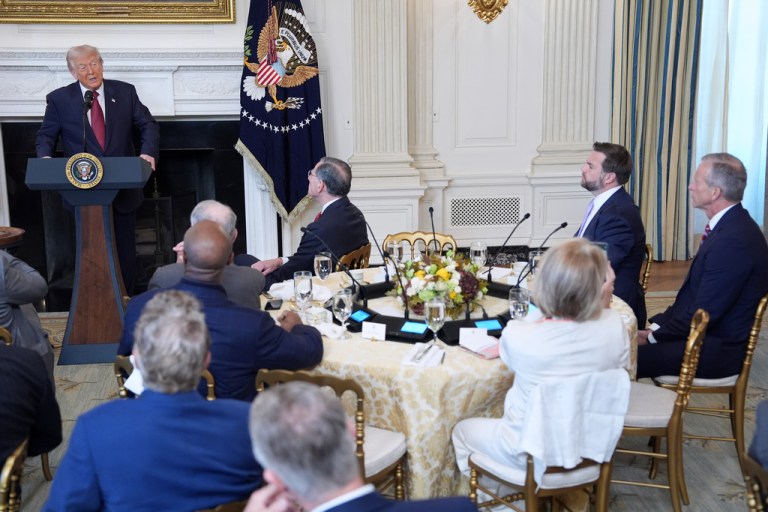 President Donald Trump speaks during a breakfast with Senate and House Republicans