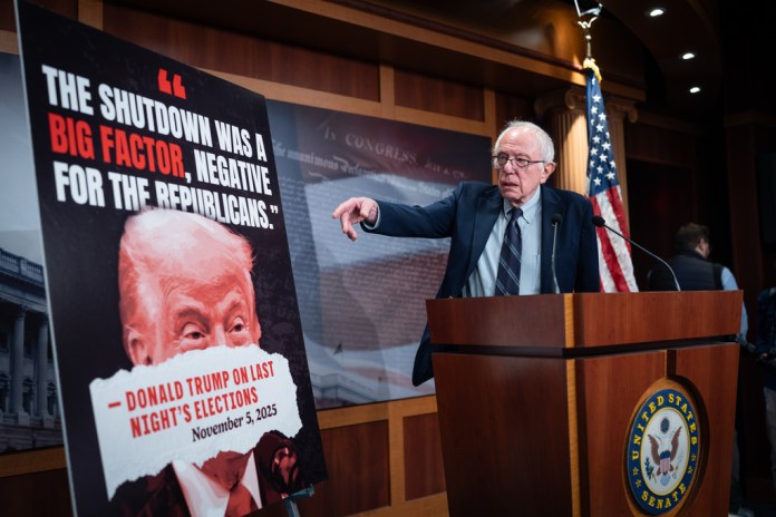 Sen. Bernie Sanders, I-Vt., speaks to reporters about Democratic victories on the morning after Election Day.