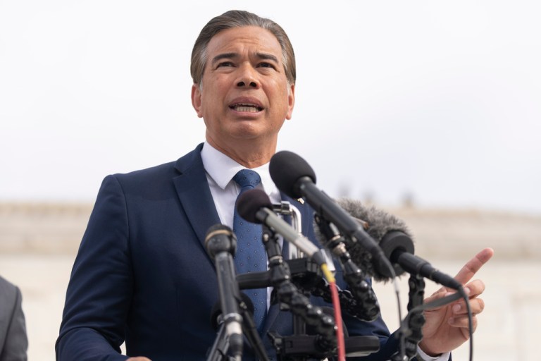 California Attorney General Rob Bonta speaks to reporters outside the Supreme Court on Wednesday, Nov. 5, 2025, in Washington.