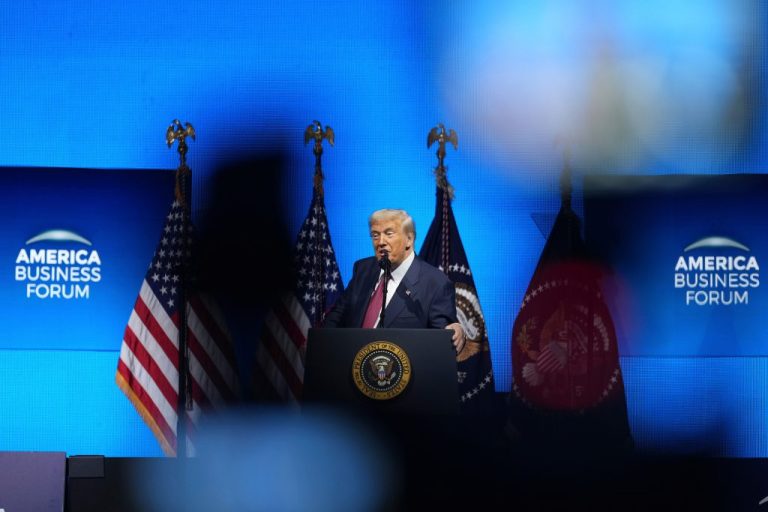President Donald Trump speaks at the America Business Forum.