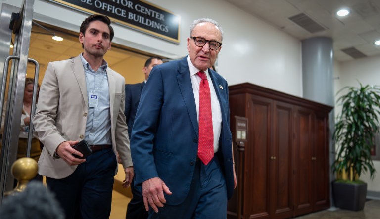 Senate Minority Leader Chuck Schumer, D-N.Y., emerges from a closed-door security briefing on the U.S. military strikes on alleged drug boats ordered by President Donald Trump, in Washington, Wednesday, Nov. 5, 2025. (AP Photo/J. Scott Applewhite)