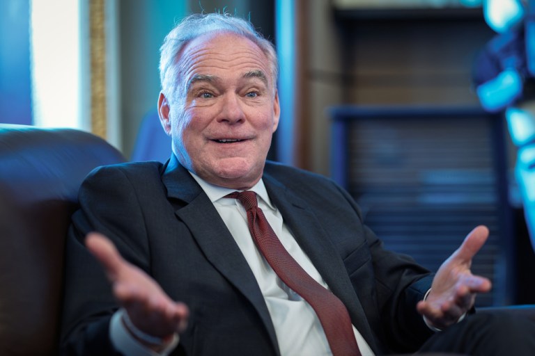 Sen. Tim Kaine, D-Va., speaks with reporters at the Capitol in Washington, Thursday, Nov. 6, 2025