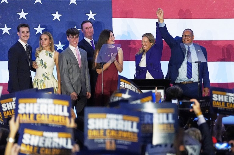New Jersey Gov.-elect Mikie Sherrill and Lt. Gov.-elect Dale Caldwell, celebrate their victories.