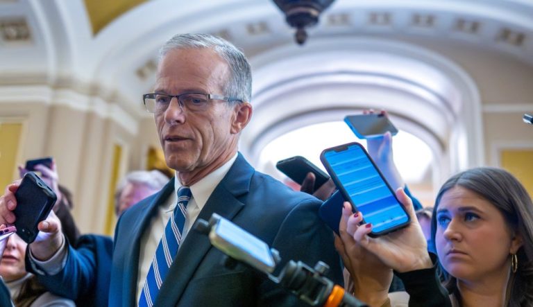 Senate Majority Leader John Thune, R-S.D., is surrounded by congressional reporters looking for updates on a plan to end the 38-day government shutdown, at the Capitol in Washington, Friday, Nov. 7, 2025. (AP Photo/J. Scott Applewhite)