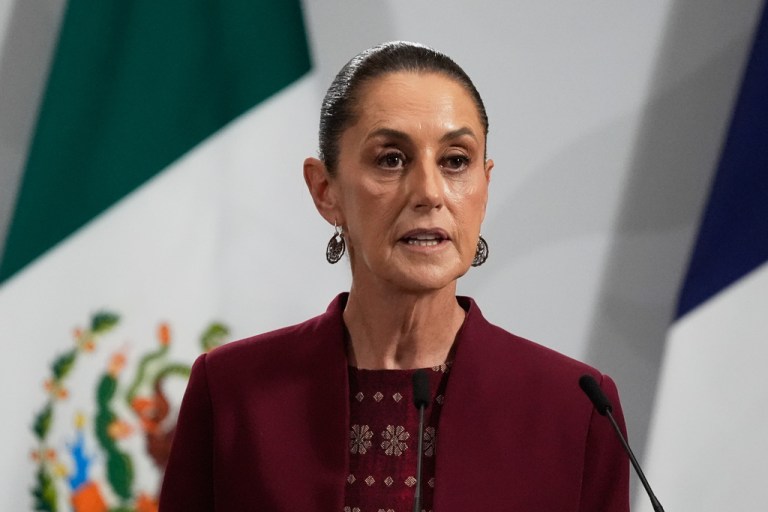 Mexican President Claudia Sheinbaum giveS a joint news conference with France's President Emmanuel Macron at the National Palace in Mexico City, Friday, Nov. 7, 2025.