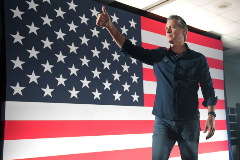 Gavin Newsom speaks during a rally with Harris County Democrats.