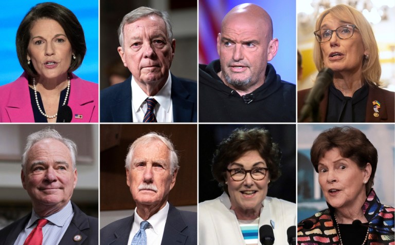 This combination photo of eight senators who are facing criticism from the Democratic party for their deal to end the government shutdown.