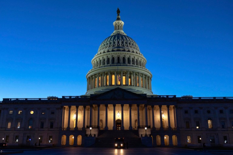 The U.S. Capitol is seen during sunset.