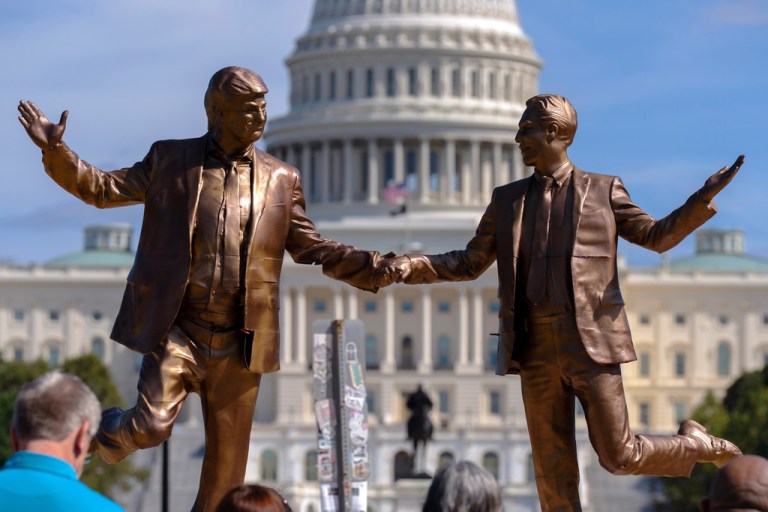 FYI - An art installation representing President Donald Trump and Jeffrey Epstein holding hands