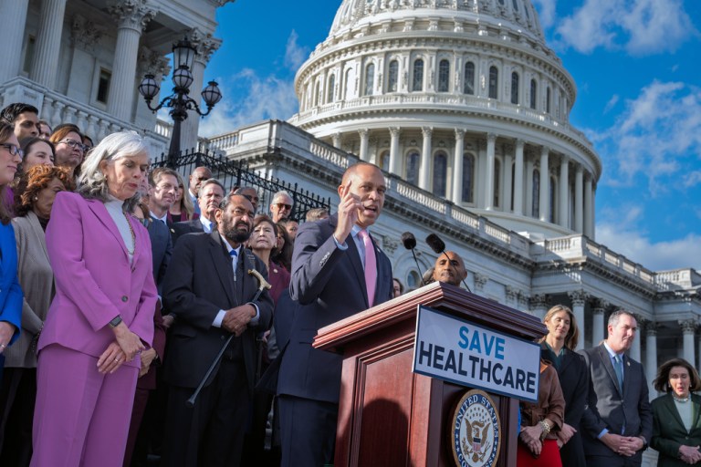 House Minority Leader Hakeem Jeffries, D-N.Y., and fellow Democrats speak on the health care funding fight on the steps of the House.