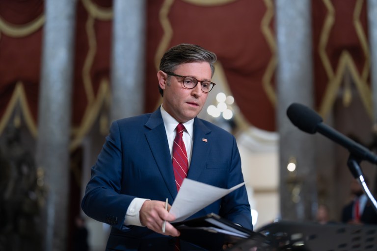 House Speaker Mike Johnson (R-LA) speaks with reporters.
