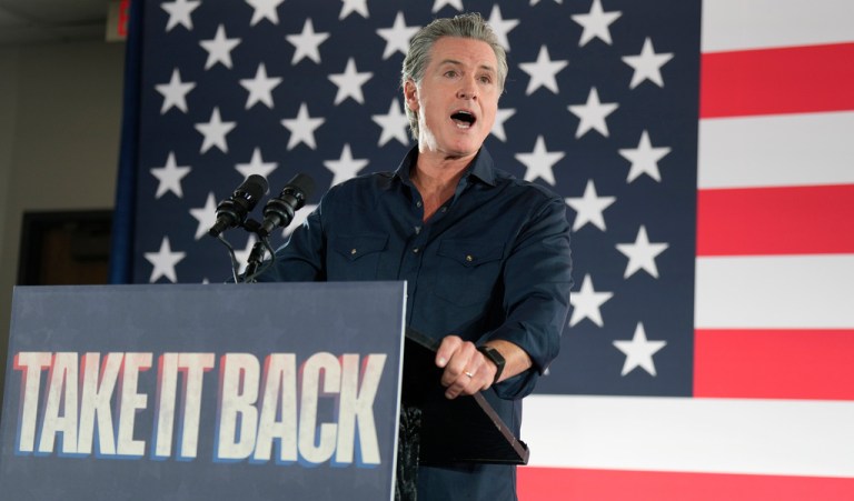 California Gov. Gavin Newsom (D) speaks during a rally.