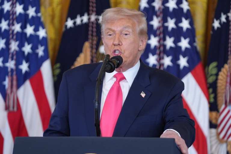 President Donald Trump speaks during an event.