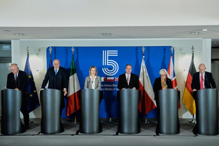 French Defense Minister Catherine Vautrin, Italian Defense Minister Guido Crosetto, Britain's John Healey, European Union high representative for foreign affairs and security policy, European Commission Vice President Kaja Kallas, and Polish Vice Defense Minister Paweł Zalewski attend a press conference.