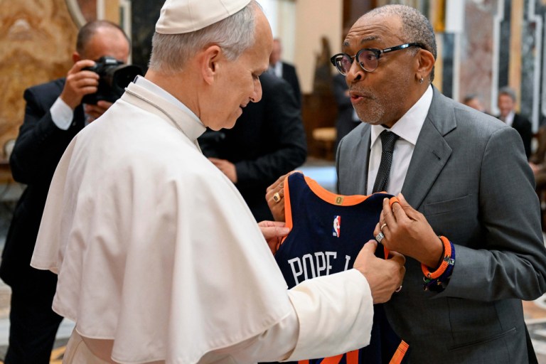 Pope Leo XIV meets with Spike Lee during an audience with and stars directors from the cinema at the Vatican, Saturday, Nov. 15, 2025.