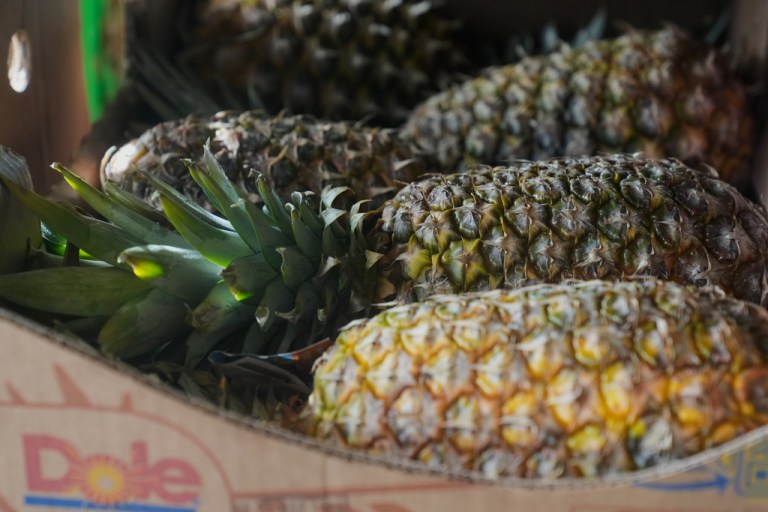Pineapples are displayed at a market in San Francisco, Saturday, Nov. 15, 2025.