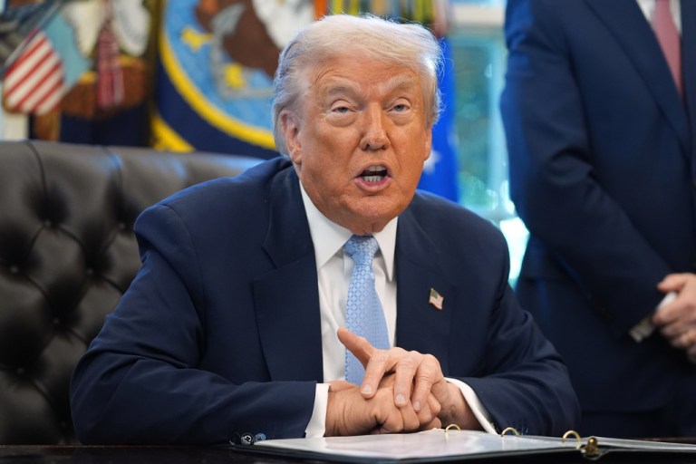 President Donald Trump speaks during a meeting with the White House task force on the 2026 FIFA World Cup in the Oval Office of the White House, Monday, Nov. 17, 2025, in Washington. (AP Photo/Evan Vucci)