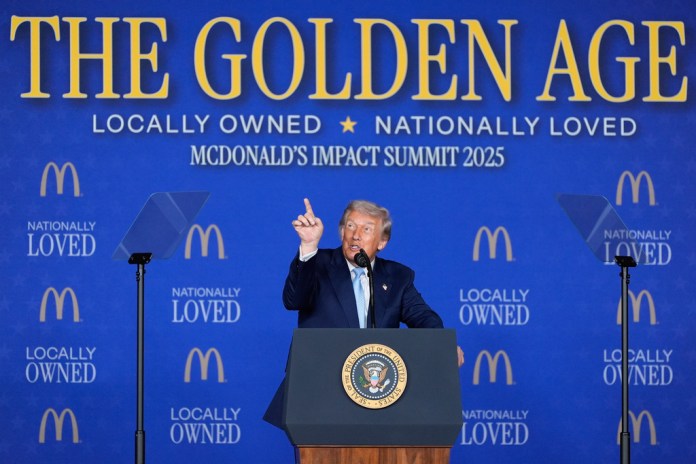 President Donald Trump speaks at the McDonald's Impact Summit, Monday, Nov. 17, 2025, in Washington. (AP Photo/Alex Brandon)
