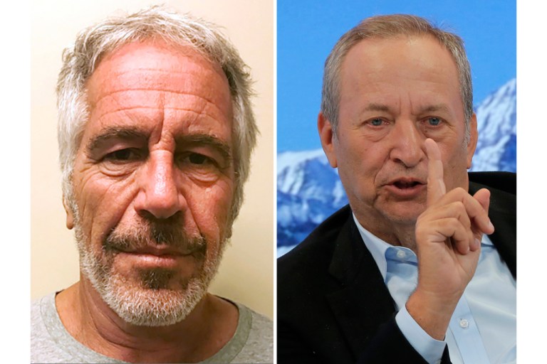 This combo shows Jeffrey Epstein, left, and U.S. economist Larry Summers.