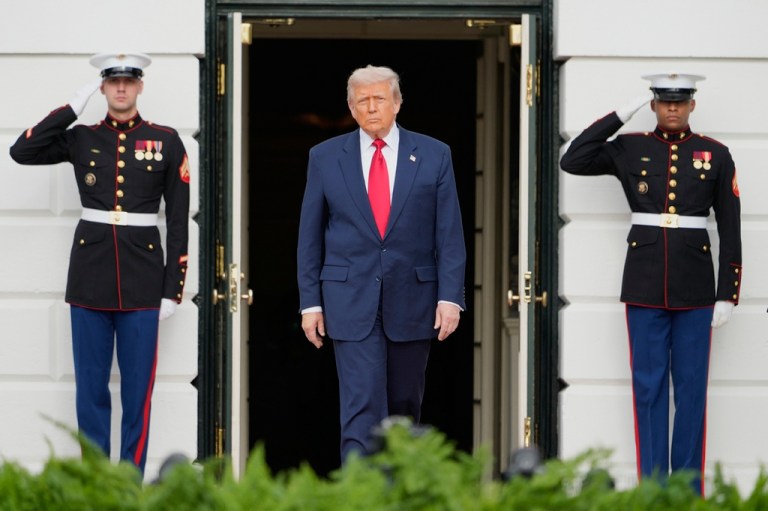 President Donald Trump waits to welcome Saudi Arabia's Crown Prince Mohammed bin Salman to the White House, Tuesday, Nov. 18, 2025, in Washington. (AP Photo/Mark Schiefelbein)