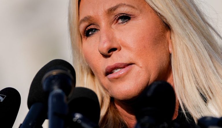Rep. Marjorie Taylor Greene, R-Ga., speaks during a news conference on the Epstein Files Transparency Act, Tuesday, Nov. 18, 2025, outside the U.S. Capitol in Washington. (AP Photo/Julia Demaree Nikhinson)