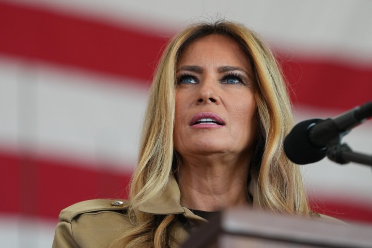 First lady Melania Trump speaks at the Mega Hangar at the Marine Corps Air Station New River in Jacksonville, N.C., Wednesday, Nov. 19, 2025.