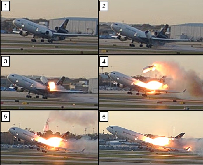 A sequence of frame grabs made from video where an engine is seen detaching from the plane's left wing upon takeoff.