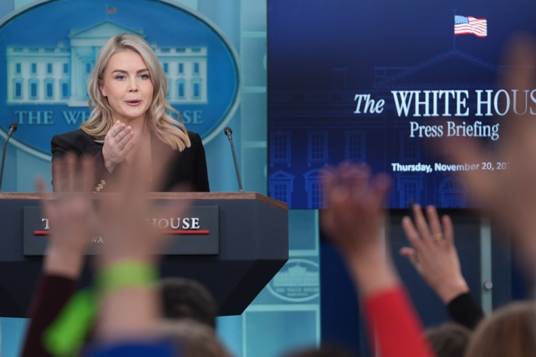 Reporters raise their hands to ask questions of White House press secretary Karoline Leavitt.