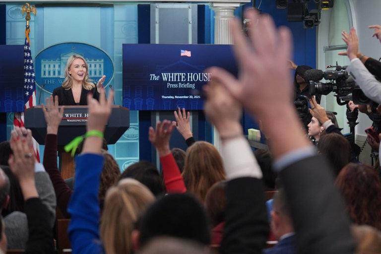 Reporters raise their hands to ask questions of White House press secretary Karoline Leavitt.