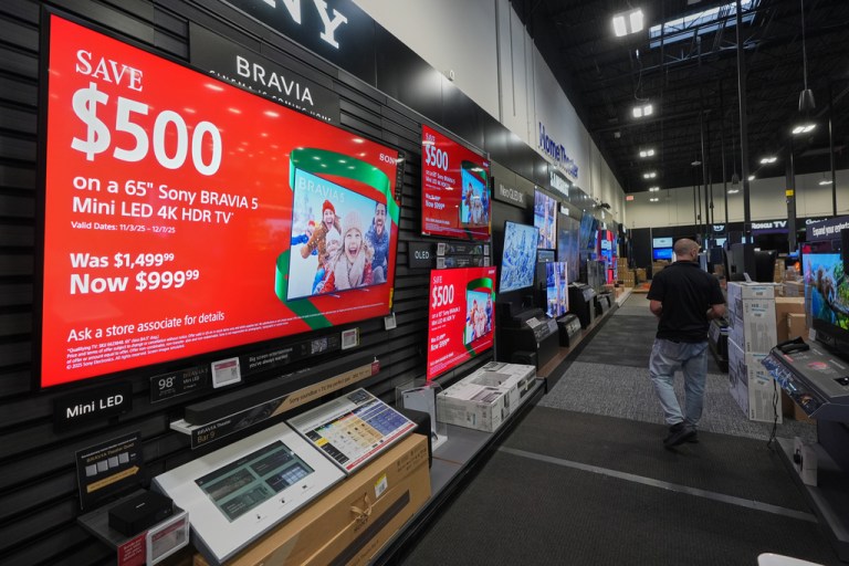 A Sony television displays sale prices during early Black Friday shopping at Best Buy Thursday, Nov. 20, 2025, in San Diego.