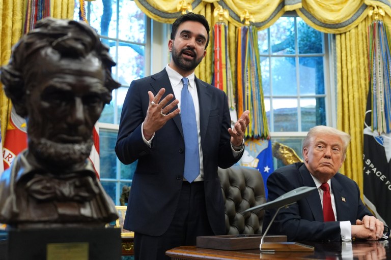President Donald Trump listens as New York City Mayor-elect Zohran Mamdani speaks in the Oval Office of the White House, Friday, Nov. 21, 2025, in Washington.