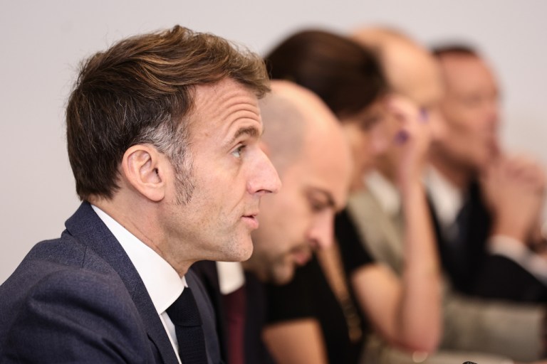 French President Emmanuel Macron attends a video conference.
